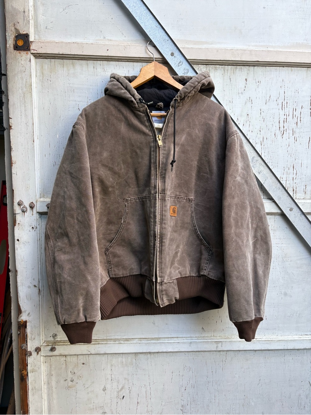 Vintage Carhartt J130CHT Faded Distressed Brown Hooded Canvas Workwear Jacket L